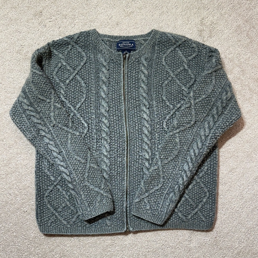 Vintage Sonoma Silk Wool Blend Cable Knit Zip Up Sweater Grey Green Cottagecore